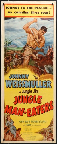 8g199 JUNGLE MAN-EATERS insert 1954 art of Johnny Weissmuller as Jungle Jim fighting cannibals!