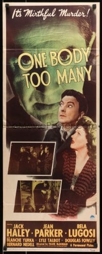 8g270 ONE BODY TOO MANY insert 1944 huge spooky headshot of Bela Lugosi peeking through title!
