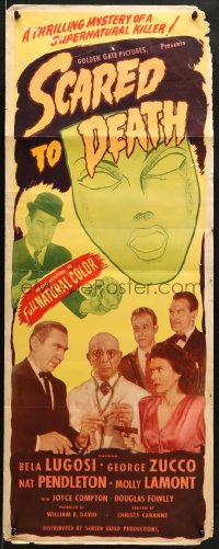 8g320 SCARED TO DEATH insert 1947 Bela Lugosi horror comedy, death mask artwork over cast, rare!
