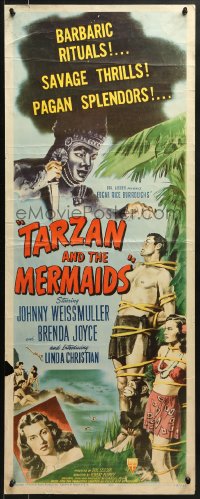 8g362 TARZAN & THE MERMAIDS insert 1948 art of Johnny Weissmuller tied to tree w/sexy Brenda Joyce!