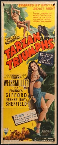 8g364 TARZAN TRIUMPHS insert 1943 great art of Johnny Weissmuller & sexy Frances Gifford as Zandra!