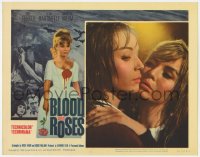 8j425 BLOOD & ROSES LC #7 1961 close up of Annette Vadim & Elsa Martinelli holding each other!