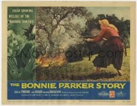 8j431 BONNIE PARKER STORY LC #4 1958 Dorothy Provine shooting machine gun into the woods!