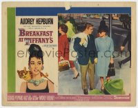 8j434 BREAKFAST AT TIFFANY'S LC #4 1961 Audrey Hepburn & George Peppard walk hand-in-hand in NYC!