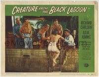 8j484 CREATURE FROM THE BLACK LAGOON LC #2 1954 sexy Julia Adams in swimsuit helped into boat!