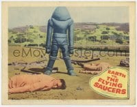 8j545 EARTH VS. THE FLYING SAUCERS LC 1956 cool image of alien robot standing over dead men!