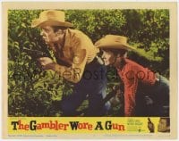 8j590 GAMBLER WORE A GUN LC #5 1961 close up of Jim Davis with gun & Merry Anders behind bushes!