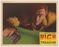 8j626 HIGH TREASON LC #4 1951 super close up of man with revolver, directed by Roy Boulting!