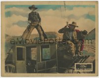 8j784 OUTLAWS OF RED RIVER LC 1927 cowboy Tom Mix on top of stagecoach with both guns drawn!
