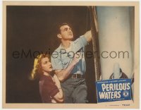 8j797 PERILOUS WATERS LC #8 1948 Don Castle & sexy Peggy Knudson by ship's mast!