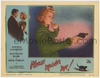 8j804 PLEASE MURDER ME LC #4 1956 great close up of scared Angela Lansbury pointing gun!