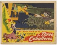 8j927 THREE CABALLEROS LC 1944 Disney, Joe Carioca helps Donald Duck get on train with umbrella!