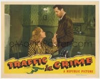 8j951 TRAFFIC IN CRIME LC 1946 seated Adele Mara grabs Kane Richmond by his jacket!