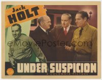 8j959 UNDER SUSPICION LC 1937 angry Jack Holt shows a gun to two other men, murder mystery!