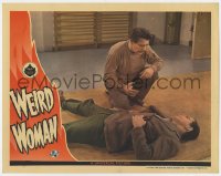 8j973 WEIRD WOMAN LC 1944 upset Lon Chaney Jr. crouching by dead Phil Brown holding gun!