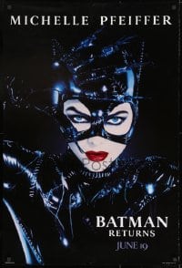 8k601 BATMAN RETURNS teaser 1sh 1992 Tim Burton, Michelle Pfeiffer as Catwoman, dated design!