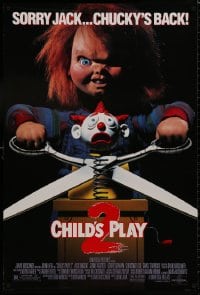 8k621 CHILD'S PLAY 2 1sh 1990 great image of Chucky cutting jack-in-the-box with scissors!