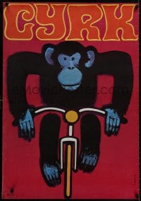 8k299 CYRK 26x38 Polish commercial poster 1980 circus, Gorka art of monkey on bicycle!