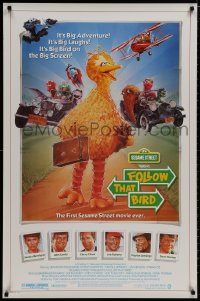 8k691 FOLLOW THAT BIRD 1sh 1985 great art of the Big Bird & Sesame Street cast by Steven Chorney!