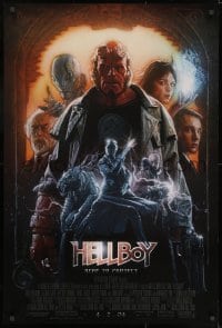 8k726 HELLBOY heavy stock advance 1sh 2004 Mignola, Ron Perlman with blue background, here to protect!