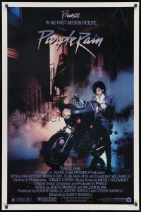 8k841 PURPLE RAIN 1sh 1984 great image of Prince riding motorcycle, in his first motion picture!