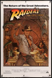 8k845 RAIDERS OF THE LOST ARK 1sh R1982 great Richard Amsel art of adventurer Harrison Ford!