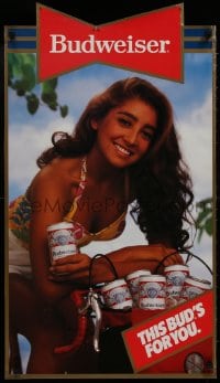 8k148 BUDWEISER 19x34 advertising poster 1986 image of sexy woman on bicycle, this bud's for you!