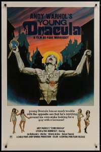 8m249 ANDY WARHOL'S DRACULA linen 1sh R1976 Young Dracula Udo Kier holding a stake and mirror by Emmett!