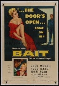 8m254 BAIT linen 1sh 1954 the door's always open to sexy bad girl Cleo Moore's room, come on in!