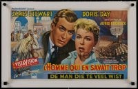 8m074 MAN WHO KNEW TOO MUCH linen Belgian 1956 Alfred Hitchcock, art of James Stewart & Doris Day!