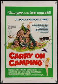 8m269 CARRY ON CAMPING linen 1sh 1971 Sidney James, English nudist sex, Fratini art of cast in tent!