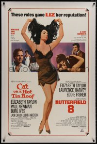 8m272 CAT ON A HOT TIN ROOF/BUTTERFIELD 8 linen 1sh 1966 art of sexy Elizabeth Taylor in nightie!