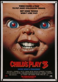 8m213 CHILD'S PLAY 3 linen 27x40 video poster 1991 creepy super close image of killer doll Chucky!