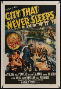 8m278 CITY THAT NEVER SLEEPS linen 1sh 1953 great art of gunfight under elevated train in Chicago!