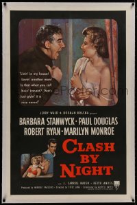 8m279 CLASH BY NIGHT linen 1sh 1952 Fritz Lang, Barbara Stanwyck, Douglas, Marilyn Monroe shown!