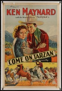 8m283 COME ON, TARZAN linen 1sh 1932 great art of cowboy Ken Maynard, Merna Kennedy & horses!