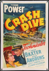 8m290 CRASH DIVE linen 1sh 1943 art of Tyrone Power & Anne Baxter + burning submarine!