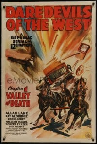 8m292 DAREDEVILS OF THE WEST linen chapter 1 1sh 1943 art of stagecoach exploding in Valley of Death!