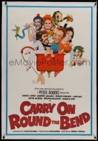 8m085 CARRY ON ROUND THE BEND linen English 1sh 1971 Sidney James, wacky Renato Fratini art of cast!