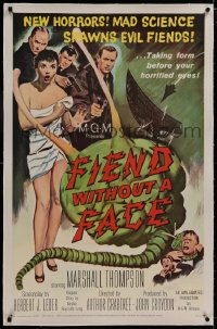 8m309 FIEND WITHOUT A FACE linen 1sh 1958 giant brain & sexy girl in towel, mad science spawns evil!