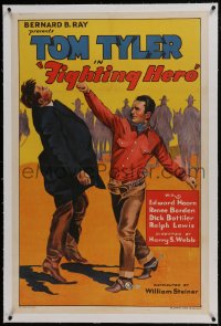 8m311 FIGHTING HERO linen 1sh 1934 great art of cowboy Tom Tyler punching much taller bad guy, rare!