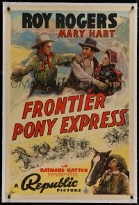 8m318 FRONTIER PONY EXPRESS linen 1sh 1939 cool art of Roy Rogers saving Mary Hart from bad guy!