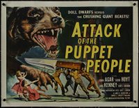 8m226 ATTACK OF THE PUPPET PEOPLE linen 1/2sh 1958 Brown art of tiny people w/ knife attacking dog!