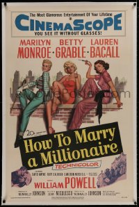 8m344 HOW TO MARRY A MILLIONAIRE linen 1sh 1953 sexy Marilyn Monroe, Betty Grable & Lauren Bacall!