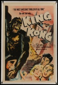 8m361 KING KONG linen 1sh R1956 different art of him with Fay Wray on Empire State Building, rare!