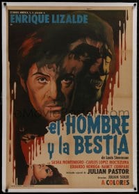 8m025 EL HOMBRE Y LA BESTIA linen Mexican poster 1973 Robert Louis Stevenson, cool monster art!