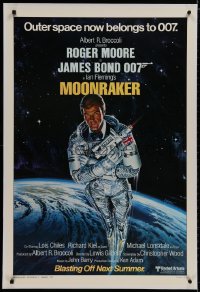 8m397 MOONRAKER linen style A advance 1sh 1979 art of Roger Moore as Bond in space by Goozee!
