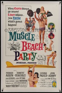 8m398 MUSCLE BEACH PARTY linen 1sh 1964 Frankie & Annette, 10,000 biceps & 5,000 bikinis!