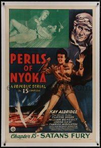 8m415 PERILS OF NYOKA linen chapter 15 1sh 1942 Republic serial, art of Kay Aldridge, Satan's Fury!