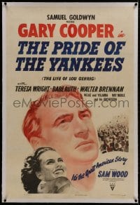 8m425 PRIDE OF THE YANKEES linen 1sh 1942 Gary Cooper as baseball legend Lou Gehrig, Wright, rare!